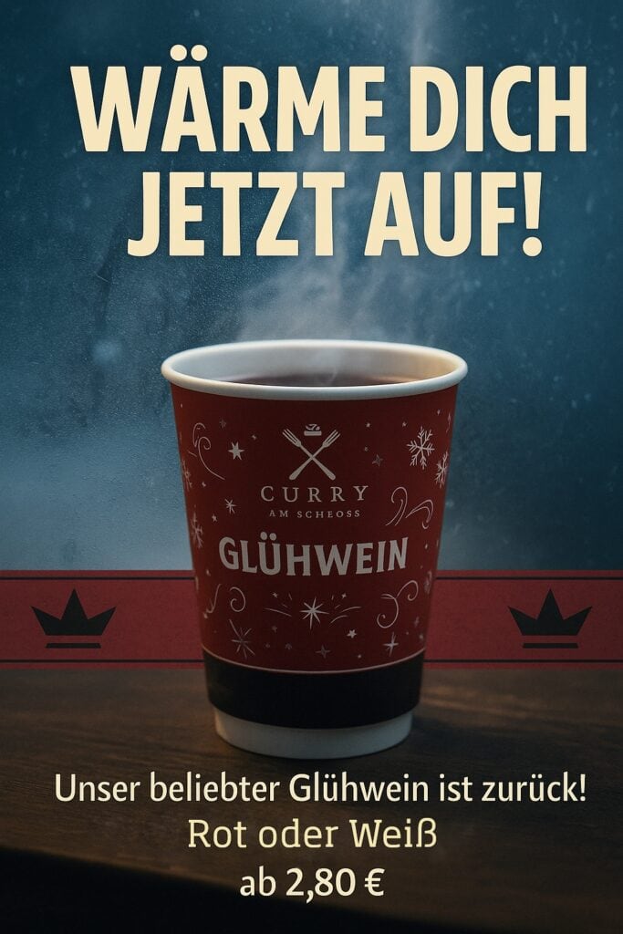 Becher mit heißem Glühwein bei Curry am Schloss Dresden, erhältlich in rot oder weiß ab 2,80 Euro